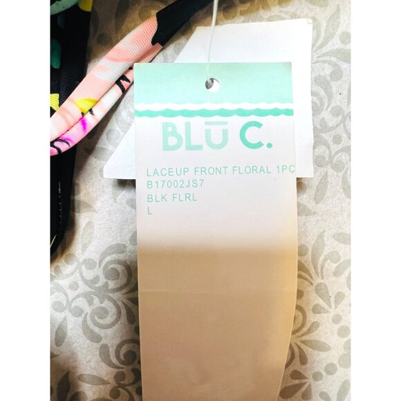 Lace-Up Front Floral One-Piece Swimsuit By Blu C Black Floral Multicolor Large - Picture 3 of 4